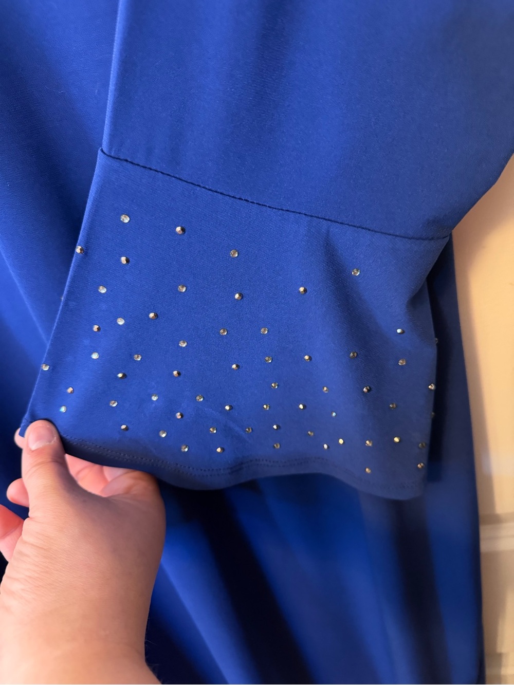Quacker Factory Stretch Knit Dress with Rhinestone Bell Sleeves -Royal Blue - Picture 7 of 11